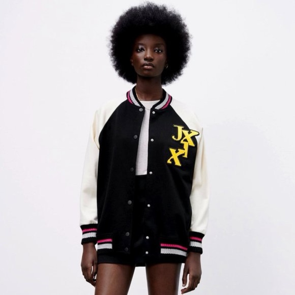 NWOT Zara Black and Cream Varsity Jacket with Yellow Accents